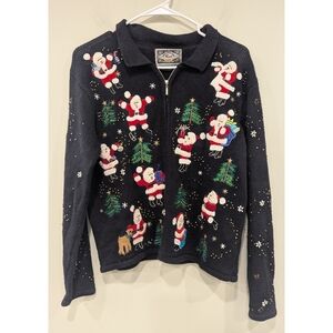Vintage Jeans Wear Knitted Santa Clause Christmas Zip Cardigan Size Medium